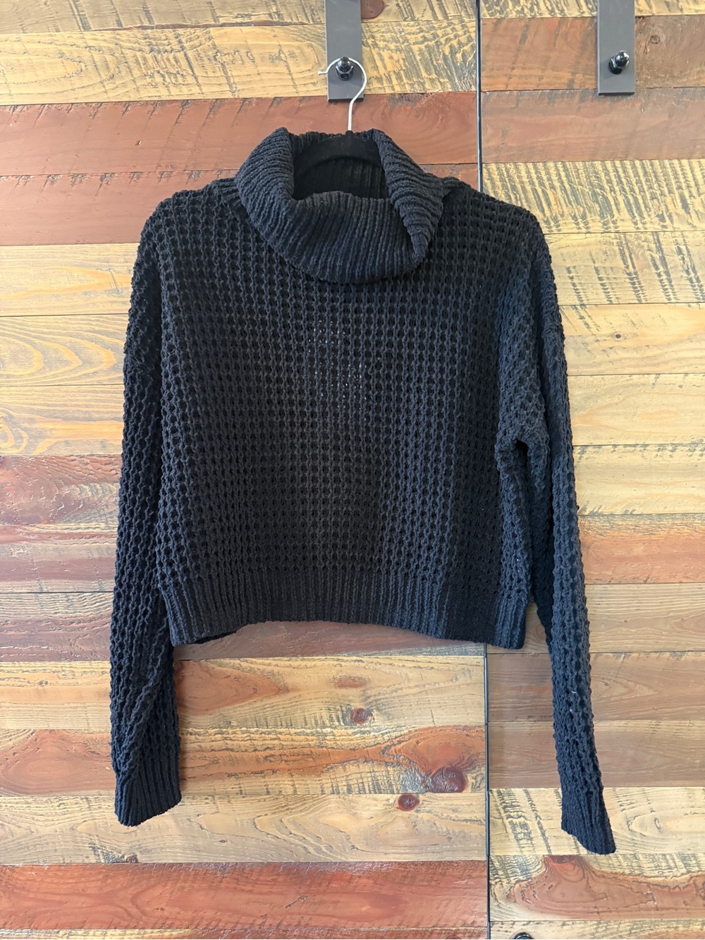 Cropped Black Waffle Knit Turtleneck Sweater